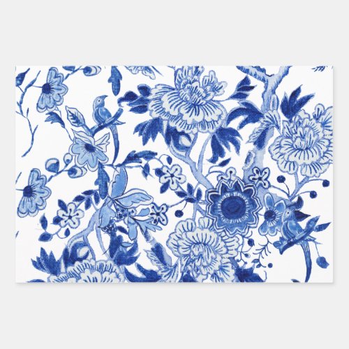 Chinoiserie Floral Bird Blue and White Decoupage Wrapping Paper Sheets
