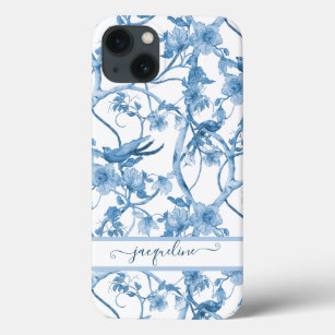 Chinoiserie Floral Bird Dusty Blue n White Script iPhone 13 Case