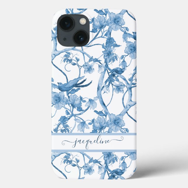 Chinoiserie Floral Bird Dusty Blue n White Script Case-Mate iPhone Case (Back)