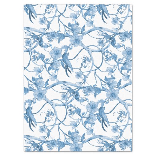 Chinoiserie Floral Bird Dusty Blue White Decoupage Tissue Paper | Zazzle