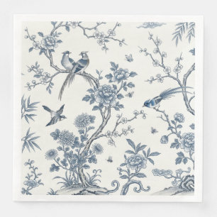 Chinoiserie Floral Bird Dusty Blue & White Paper Dinner Napkins