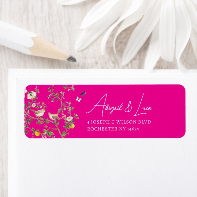 Chinoiserie Floral Bird Wedding Invitation Address Label (Insitu)