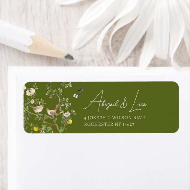 Chinoiserie Floral Bird Wedding Invitation Address Label (Insitu)