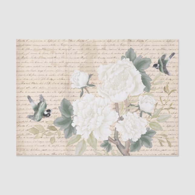 Chinoiserie Floral Birds Old Handwriting Decoupage Tissue Paper (Front)