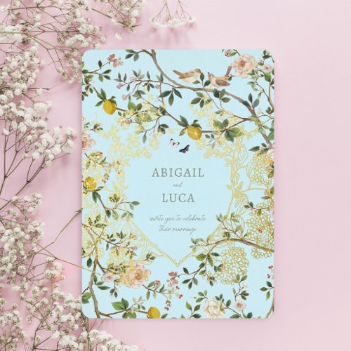 Chinoiserie Floral Birds Wedding Foil Invitation