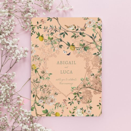 Chinoiserie Floral Birds Wedding Foil Invitation