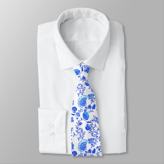 Chinoiserie Floral Blue and White Neck Tie (Tied)