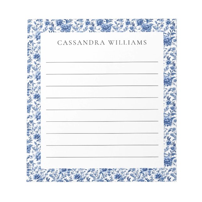 Chinoiserie Floral Blue Personalized Name Lined Notepad (Front)