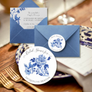 Chinoiserie Floral Blue White Bird Bridal Shower Classic Round Sticker