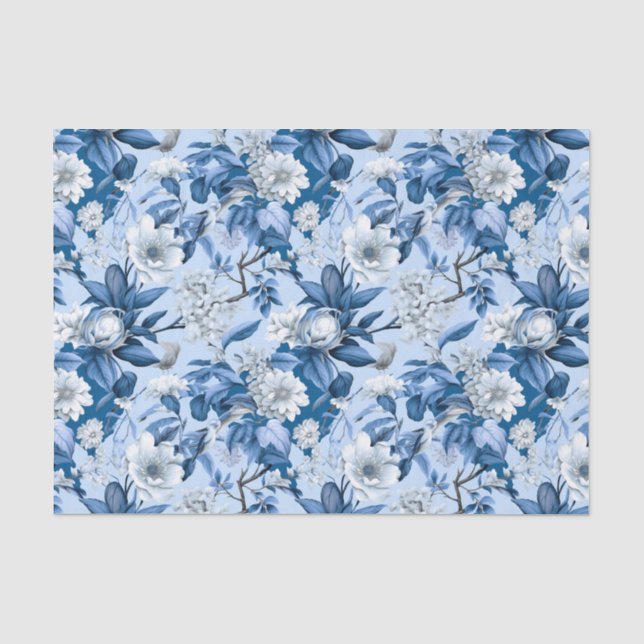 Chinoiserie Floral Blue White Painting Decoupage Tissue Paper (Front)