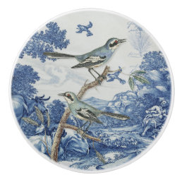 Chinoiserie Floral Blue White Toile Script Collage Ceramic Knob