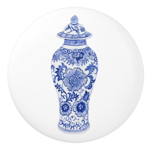 Chinoiserie Floral Blue White Vintage Ginger Jar  Ceramic Knob