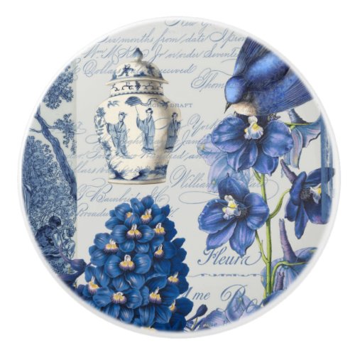 Chinoiserie Floral Delft Blue White Ginger Jar  Ceramic Knob