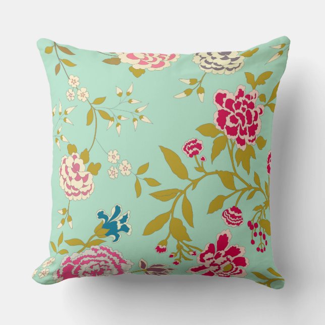 Chinoiserie Floral Design Jade Green Throw Pillow (Front)