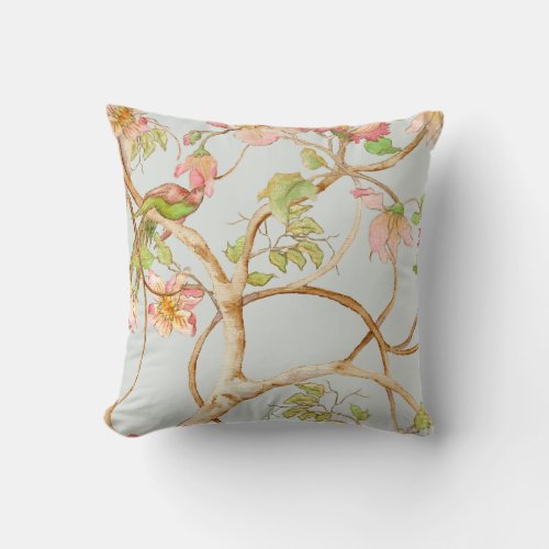 Chinoiserie Floral Dusty Blue Pink Peony Bird Tree Throw Pillow