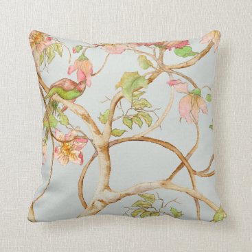 Chinoiserie Floral Dusty Blue Pink Peony Bird Tree Throw Pillow