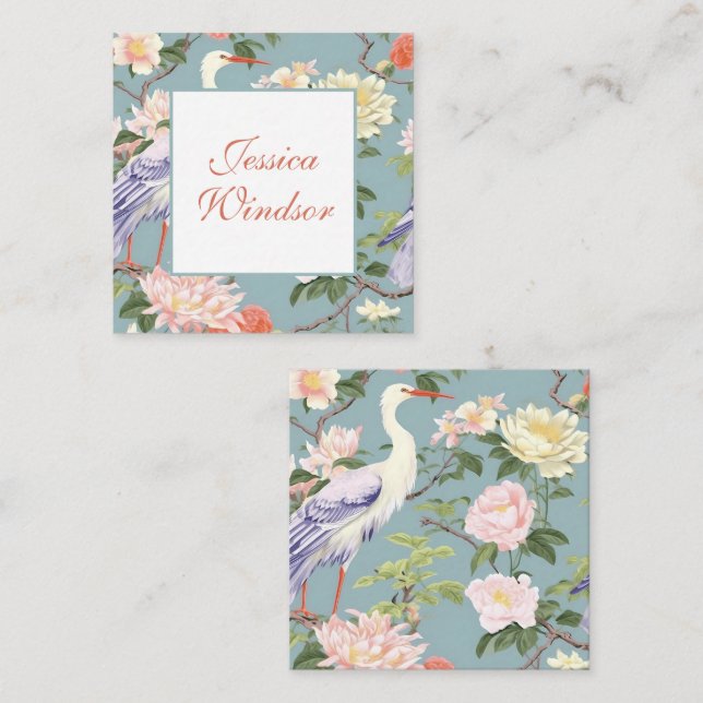 Chinoiserie Floral Jade Egret Gift Enclosure Note Card (Front/Back)