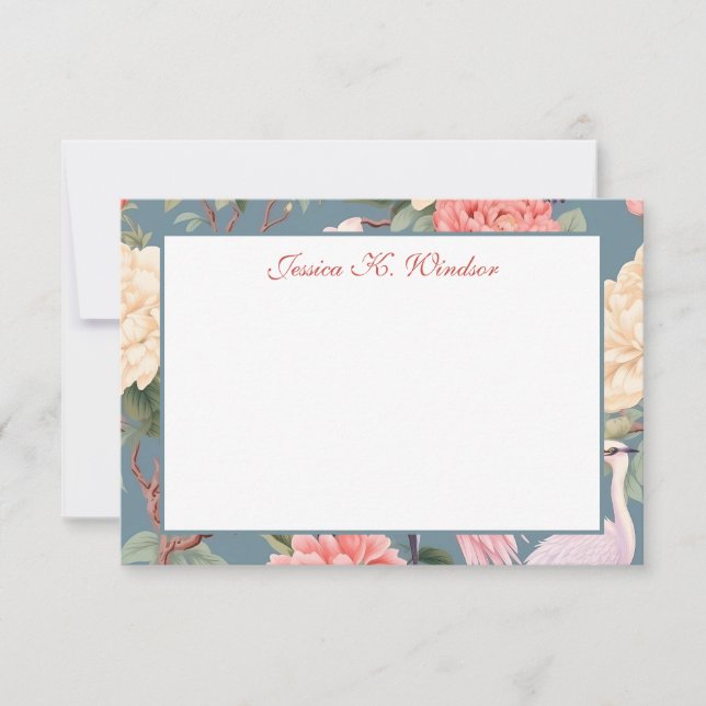 Chinoiserie Floral Jade Egret Personalized Thank You Card (Front)