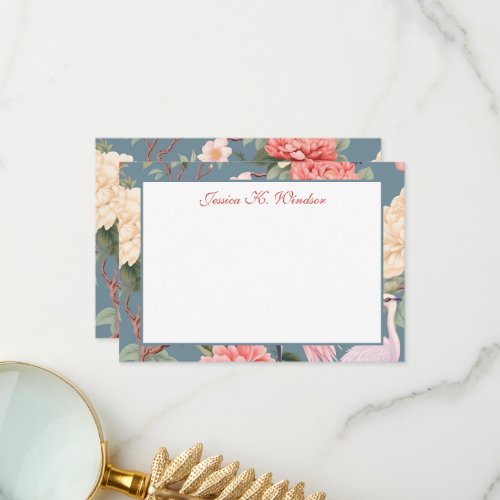 Chinoiserie Floral Jade Egret Personalized Thank You Card
