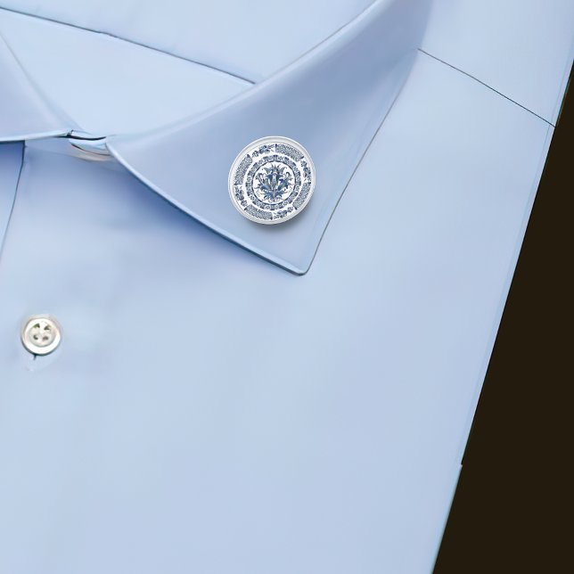 Chinoiserie Floral Motif Blue Enamel Silver Finish Lapel Pin (Creator Uploaded)