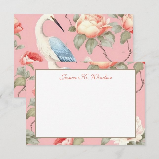 Chinoiserie Floral Pink Egret Personalized Thank You Card (Front/Back)