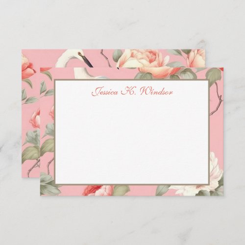 Chinoiserie Floral Pink Egret Personalized Thank You Card
