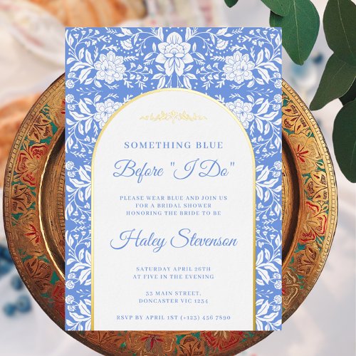 Chinoiserie Floral Something Blue Bridal Shower Foil Invitation