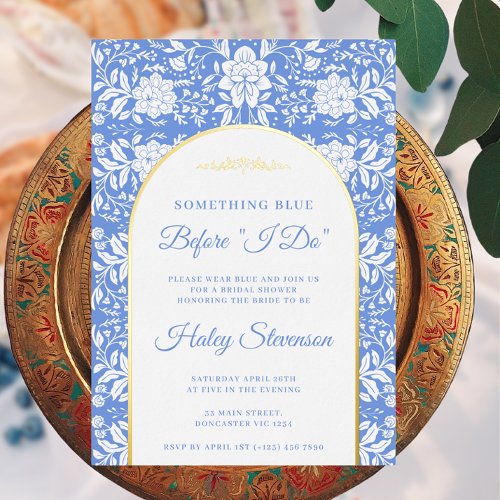 Chinoiserie Floral Something Blue Bridal Shower Foil Invitation