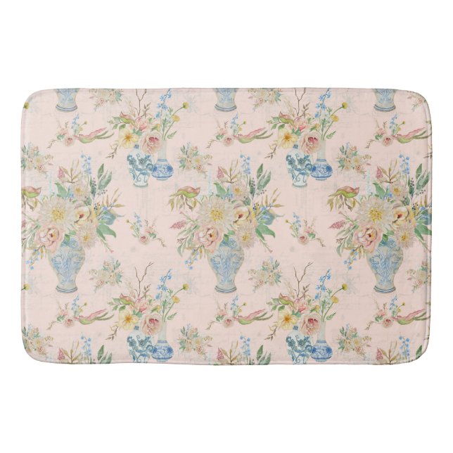 Chinoiserie Floral Vase Blush Pink Peony Bath Bath Mat (Front)