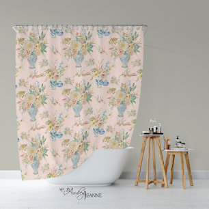 Chinoiserie Floral Vase Blush Pink Peony Bath Shower Curtain