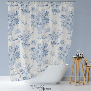 Chinoiserie Floral Vase Peony Blue White Bath Shower Curtain