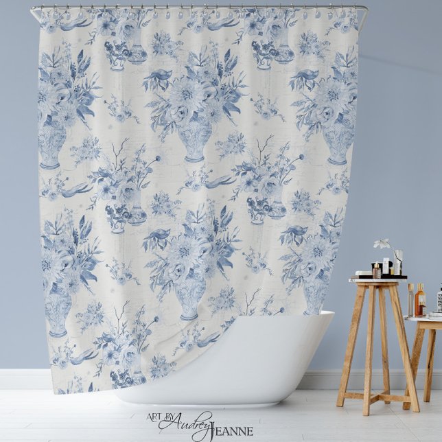 Chinoiserie Floral Vase Peony Blue White Bath Shower Curtain (Blue and White Toile Chinoiserie Flora by Audrey Jeanne)
