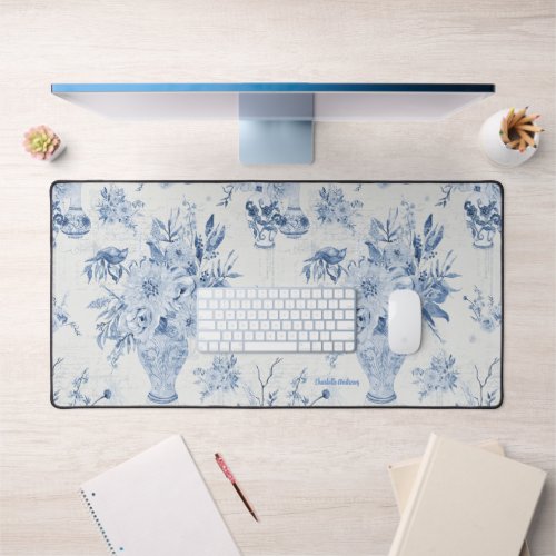 Chinoiserie Floral Vase Peony Blue White Office Desk Mat