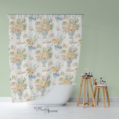 Chinoiserie Floral Vase Peony Blush Pink Bath Shower Curtain