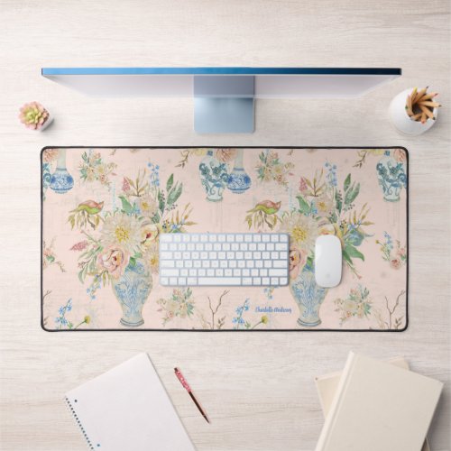 Chinoiserie Floral Vase Peony Blush Pink Office Desk Mat
