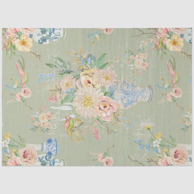 Chinoiserie Floral Vases Peony Flower Decoupage Tissue Paper (Front)