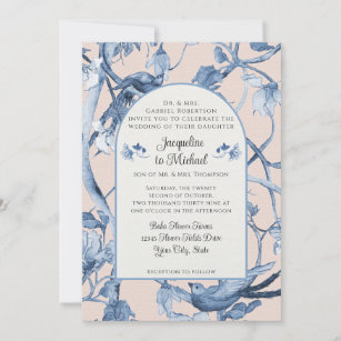Chinoiserie Floral White Blue n Pink Birds Wedding Invitation