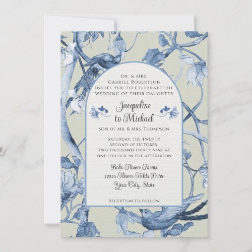 Chinoiserie Floral White Blue n Sage Birds Wedding Invitation