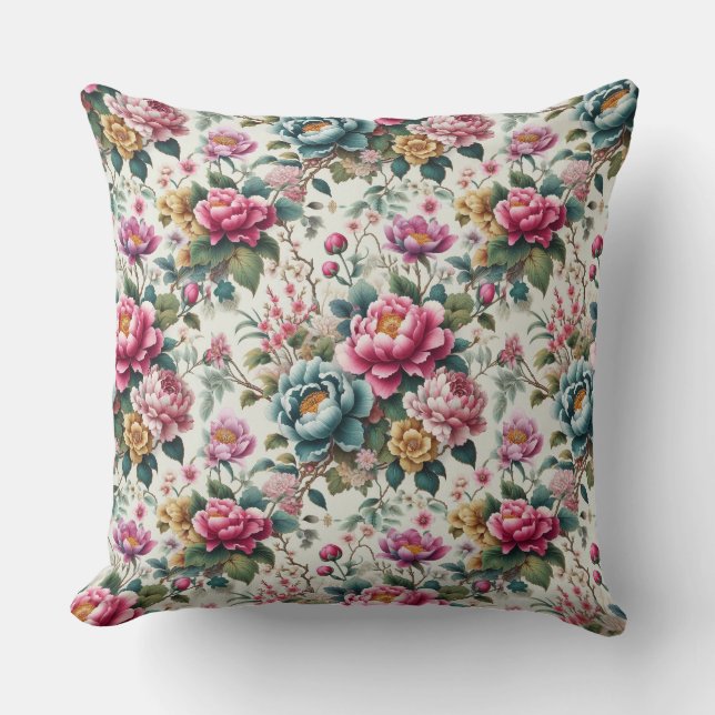 Chinoiserie Flower Throw Pillow (Front)