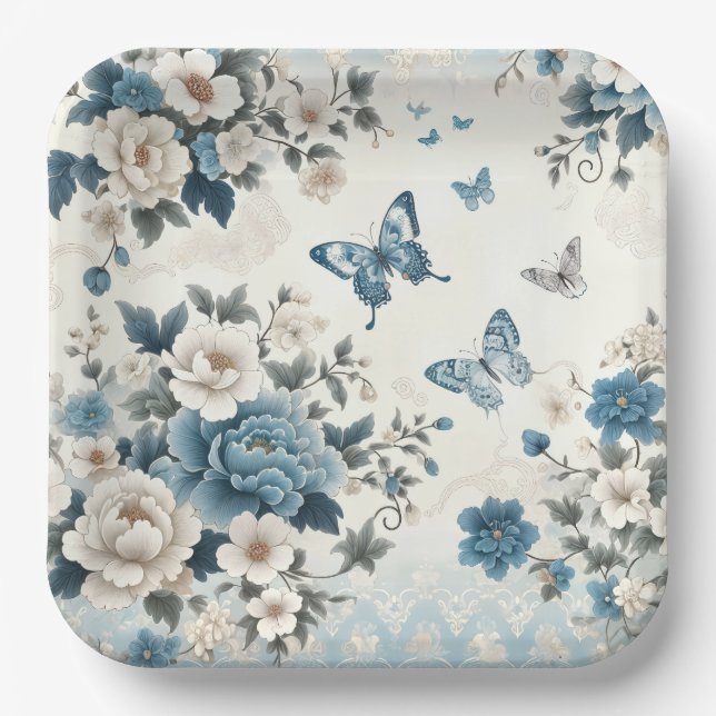 Chinoiserie Flowers and Butterflies Paper Plates (Front)