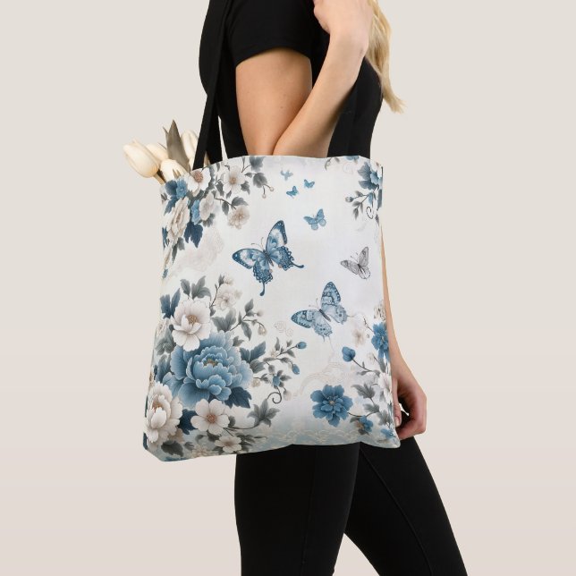 Chinoiserie Flowers and Butterflies Tote Bag (Close Up)