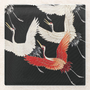 Chinoiserie Flying Crane Zen Minimalist Kimono Art Glass Coaster