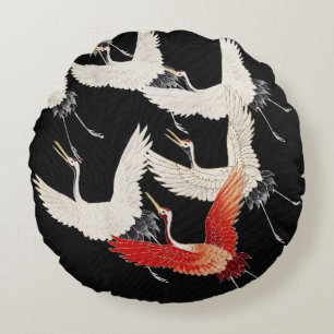 Chinoiserie Flying Crane Zen Minimalist Kimono Art Round Pillow