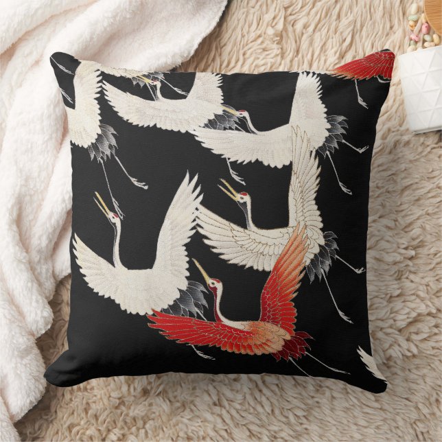 Chinoiserie Flying Crane Zen Minimalist Kimono Art Throw Pillow (Blanket)