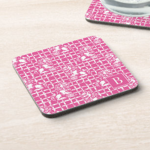 Chinoiserie Foo Dog - Hot Pink Bamboo Lattice Beverage Coaster