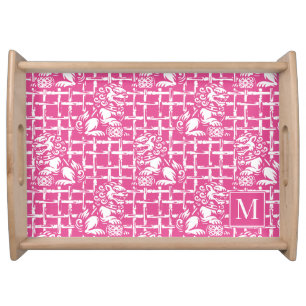 Chinoiserie Foo Dog – Hot Pink Bamboo Lattice Serving Tray