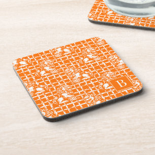 Chinoiserie Foo Dog - Orange Bamboo Lattice Beverage Coaster