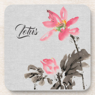 Chinoiserie Freehand Watercolor Floral Lotus  Beve Beverage Coaster