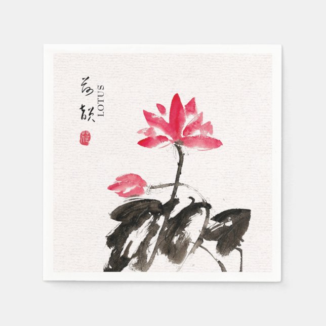 Chinoiserie Freehand Watercolor Floral Lotus Napki Napkins (Front)