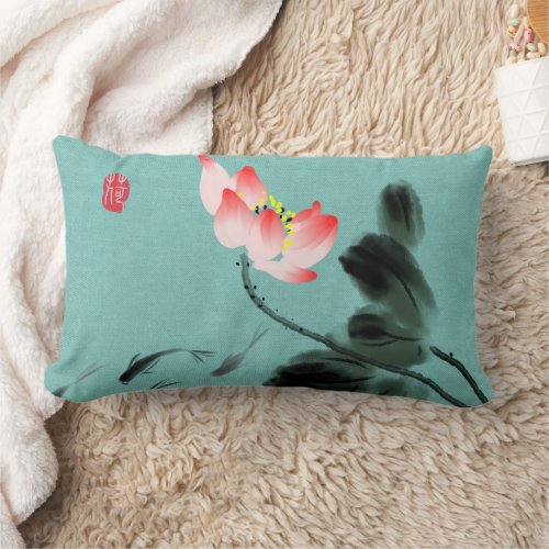 Chinoiserie Freehand Watercolor Lotus Flower Fish Lumbar Pillow
